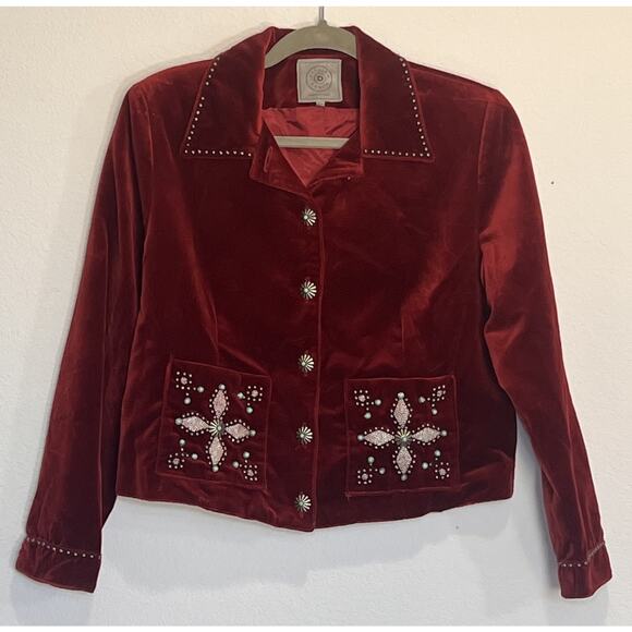 Double D Ranch Jacket Size XS Red Velvet Blazer Studded Turquoise Rodeo Western - Picture 1 of 16